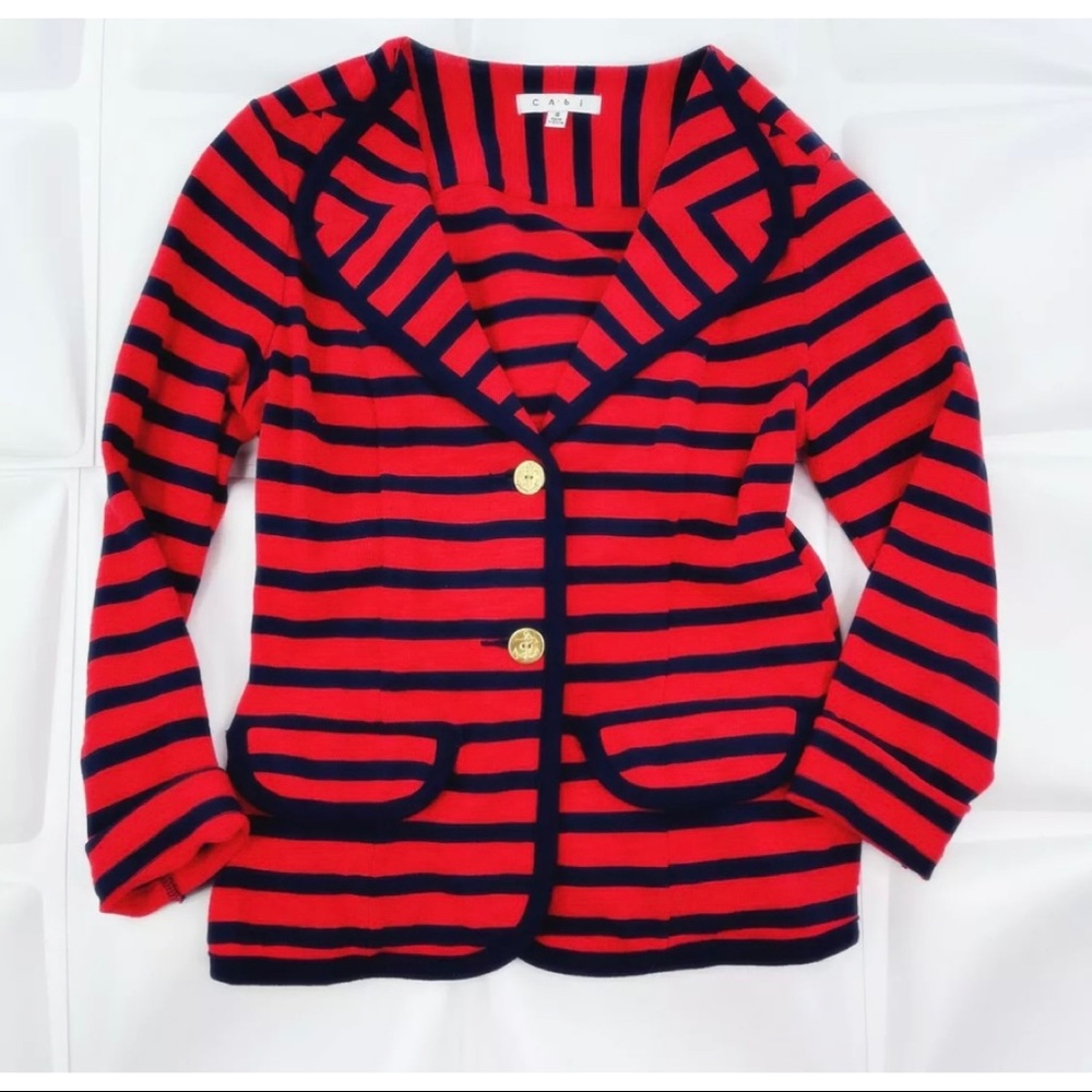 Cabi Women Sz S Red Navy Nautical Striped Knit Blazer Jacket Gold Anchor Buttons